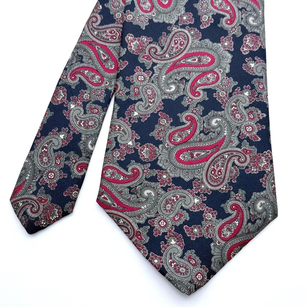 Cromley & Finch London Handmade All Silk Paisley Tie Navy‎ Blue Burgundy 4 Inch